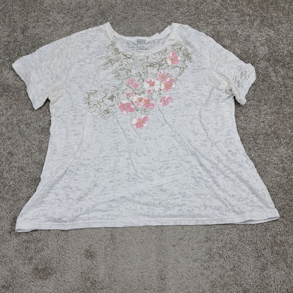 Keren Hart Womens 2X White Burnout Floral Short Sleeve Graphic Tee Crew Neck